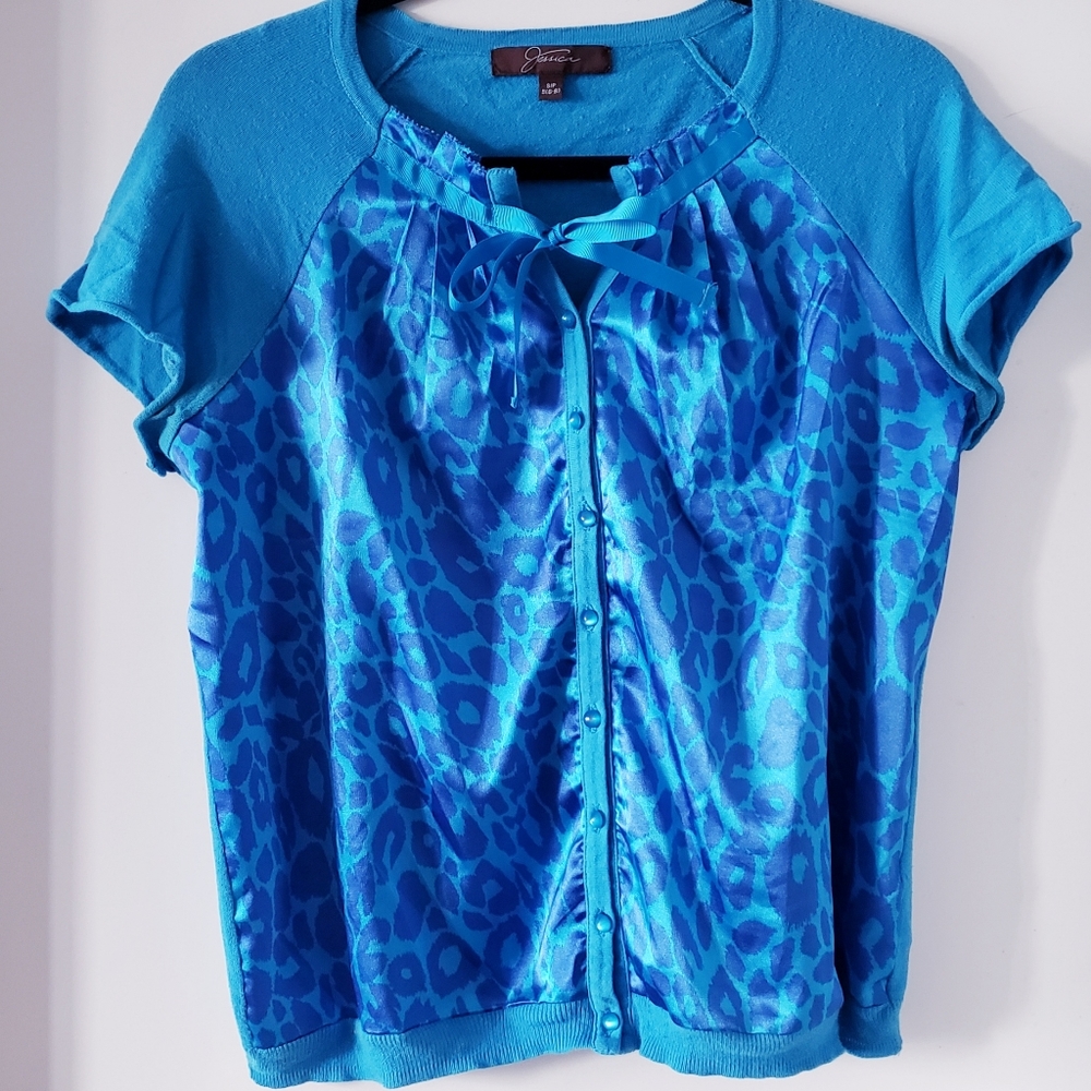 Jessica Blue Cougar Print Satin & Knit Top